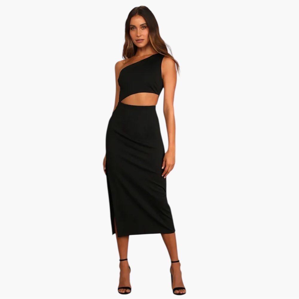 NWT. Lulus Power to Wow Black One-Shoulder Cutout Midi Dress